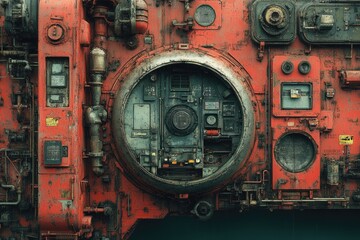 Rusty and weathered metal surface with a circular hatch and various industrial details