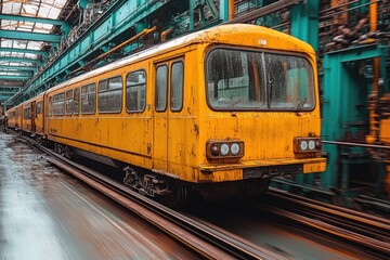 Rusty Yellow Train Car Moving Through an Industrial Building