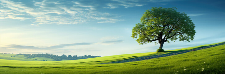 In the center of a vast grassy field, there stands a solitary tree, providing shade and beauty to the surrounding landscape