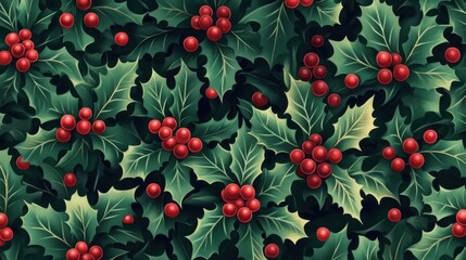 Festive holly berries and leaves arranged in a traditional Christmas pattern, evoking holiday cheer and seasonal warmth