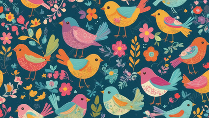Seamless cartoon pattern of birds and flowers in bright colors for children