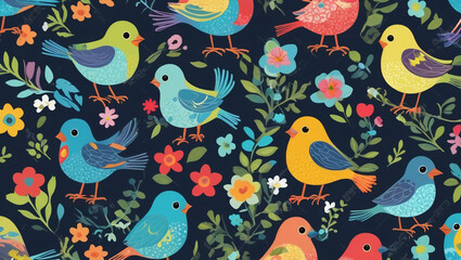 Seamless cartoon pattern of birds and flowers in bright colors for children