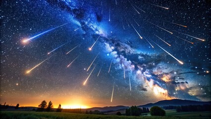 Night sky filled with shooting stars during a meteor shower event, starry night, astronomy, celestial, shooting stars