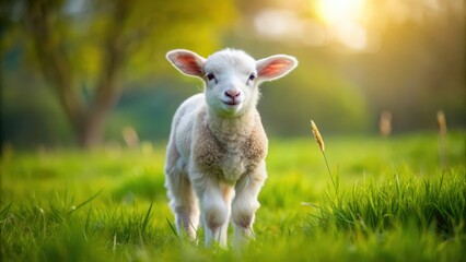 Fototapeta premium Small cute lamb happily gambolling in a lush meadow on a farm, lamb, farm, meadow, cute, fluffy, grass, happy, playful
