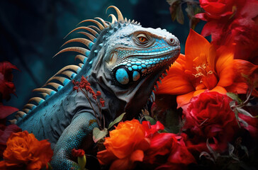 Fototapeta premium A very vibrant blue lizard is surrounded by beautiful red and orange flowers that enhance its striking appearance in this scene