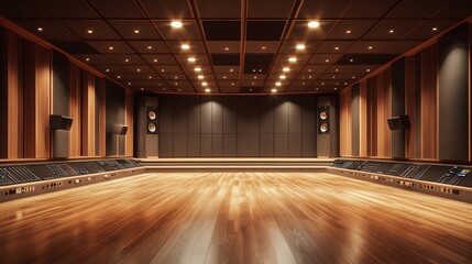 Modern Sound Studio Interior with Wooden Panels and Control Desk