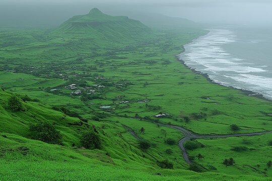 Verdant Mountainside with Coastline and Ocean in the Distance