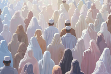 Large crowd of people in traditional muslim clothing attending a religious event