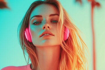 Fototapeta premium Vibrant portrait of a young woman with blonde hair and blue eyes wearing pink headphones, smiling confidently under the summer sun. Perfect for lifestyle and music-related themes.