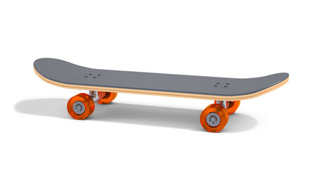A skateboard with orange wheels and a grey deck © Miquel