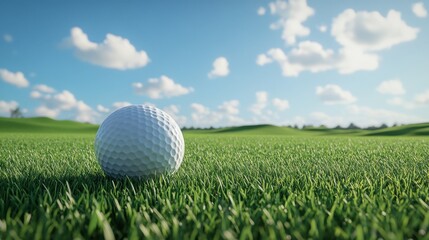 Obraz premium Realistic 3D rendering of a golf ball resting on perfectly manicured green grass under a clear blue sky, embodying sports and leisure