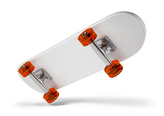 A skateboard with orange wheels is shown in mid air © Miquel