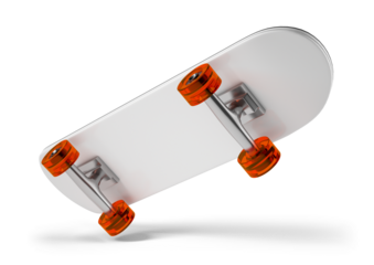 A skateboard with orange wheels is shown in mid air