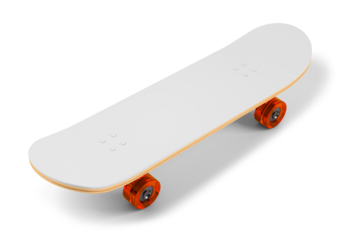 A white skateboard with orange wheels