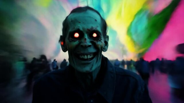 Terrifying zombie with glowing red eyes roams a chaotic city street during an apocalypse, evoking fear and panic. The eerie atmosphere captures a post-apocalyptic nightmare