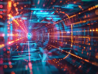 Vibrant digital tunnel with flowing data streams and light patterns, representing advanced technology and high-speed data transfer.
