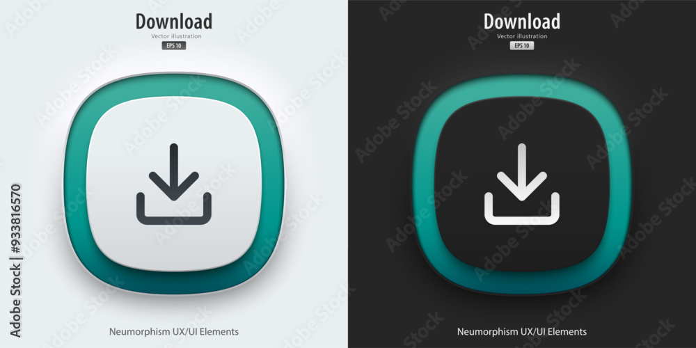 Poster A set of 3D buttons with download symbols. The button has a neon light. Button Download icon in trendy neumorphic style for Apps, websites, interfaces and mobile app. Vector illustration.