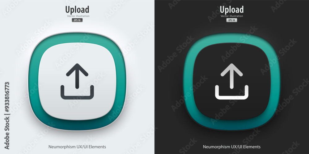 Fototapete A set of 3D buttons with upload symbols. The button has a neon light. Button Download icon in trendy neumorphic style for Apps, websites, interfaces and mobile app. Vector illustration.