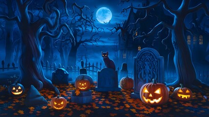 Full Moon Blue Woodland or Burial ground Foundation with Alarming Feline and Jack-O-Lamps for Blissful Halloween Festivity.