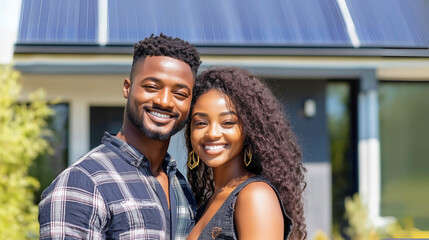 portrait: head and torso of african american young happy couple standing in front of a single family modern house with solar panels on the roof