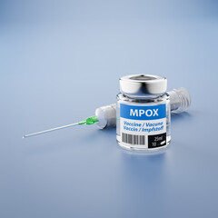 Vaccination against Mpox / Monkeypox - A vial with vaccination and a syringe behind it.
