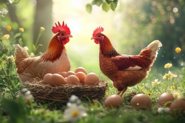 Fototapeta premium Hen, Chicken eggs and chickens eating food in farm with generative ai