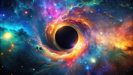 A mesmerizing science fiction wallpaper featuring a black hole amidst a colorful cosmic background