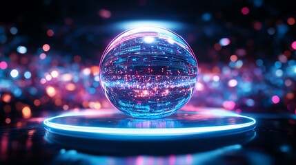 Neon podium at the center of a spherical digital display selective focus, immersive experience theme, vibrant, Composite, VR exhibition backdrop