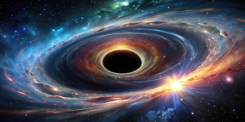 A stunning image of a massive black hole surrounded by swirling galaxies and a glowing event horizon