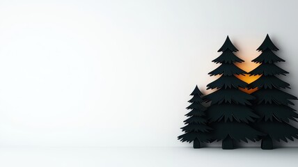 Obraz premium Silhouette of abstract Christmas trees fading into a snowy white background with soft glowing lights, photo realistic, minimalist holiday elegance