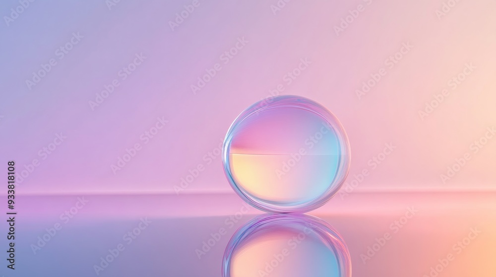 Poster glass sphere on a reflective surface with soft pastel gradient colors background