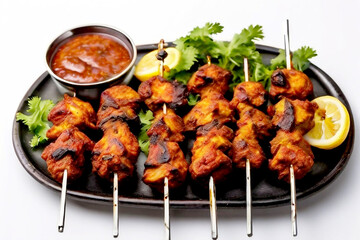 Fototapeta premium Chicken tikka kebabs with chutney on a tray with white background