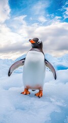 Fototapeta premium A charming penguin stands gracefully on a glacier, surrounded by stunning ice and a bright blue sky, capturing the essence of wildlife.