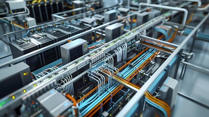 Connection network in servers data center room storage systems 3D rendering. 