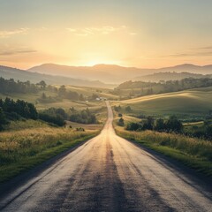 Obraz premium A serene landscape at sunrise, featuring a winding road cutting through lush green fields and distant rolling hills.