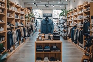 Clothing Store Interior with Wooden Shelving and Denim Jacket Display