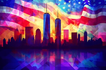 The Manhattan skyline at dusk, with the Twin Towers' distinctive silhouette set against a kaleidoscope of colors, a giant American flag waving proudly, and a banner honoring American Patriot Day 