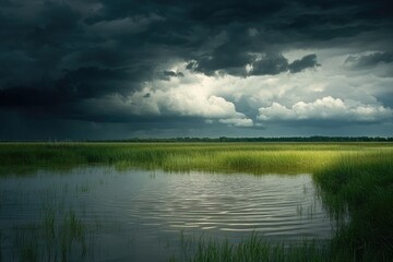 A tranquil wetland scene featuring calm waters and dramatic stormy clouds, capturing the beauty of nature's contrast.