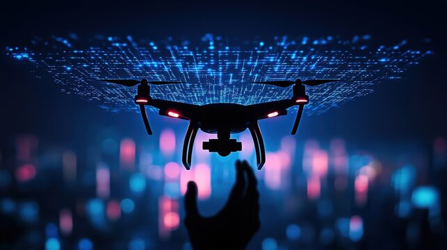 Silhouette of a person programming a drone with a sky filled with digital pathways