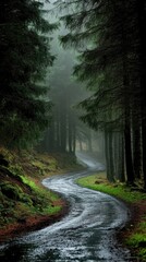 Fototapeta premium Serene forest path winding through tall trees, shrouded in mist, inviting exploration and tranquility in nature.