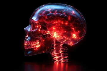 Glowing Red and Blue Skull with Visible Brain and Spine