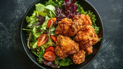 Green salad and crispy fried chicken, capturing the essence of a balanced meal.