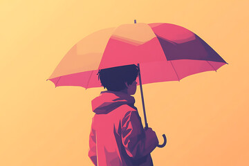 A child holding an umbrella in their hands, depicted in a flat art style.