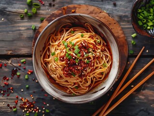 Dan Dan Noodles. The most popular Chinese dishes. A Sichuan noodle dish with a spicy sauce made from preserved vegetables, chili oil, Sichuan pepper, minced pork, and scallions.