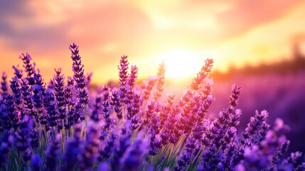 Naklejka premium Lavender flowers on sunset background. Beautiful blooming lavender field with generative ai