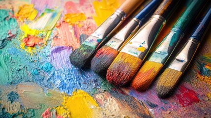 Obraz premium Artistic palette with vibrant colors, brushes, and abstract strokes, suggesting creative expression.