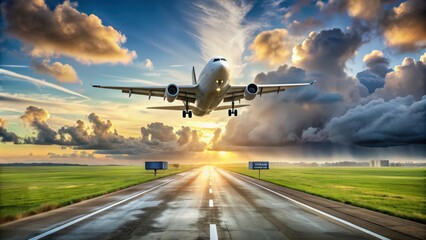 Modern airplane taking off airport runway against clouds sky background, aircraft, departure, panoramic view, airport, jet