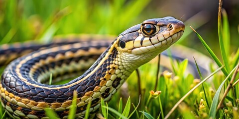 Obraz premium Garter snake slithering through grass, wildlife, reptile, serpent, nature, garden, crawling, scales, slimy