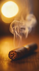 Lit cigar on wooden surface with smoke and warm light, close-up. Luxurious relaxation and indulgence concept