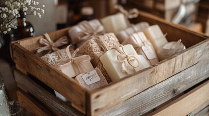 A close up shot of a wooden crate box filled with handmade soaps and bath products, with delicate ribbons and tags tied around each item